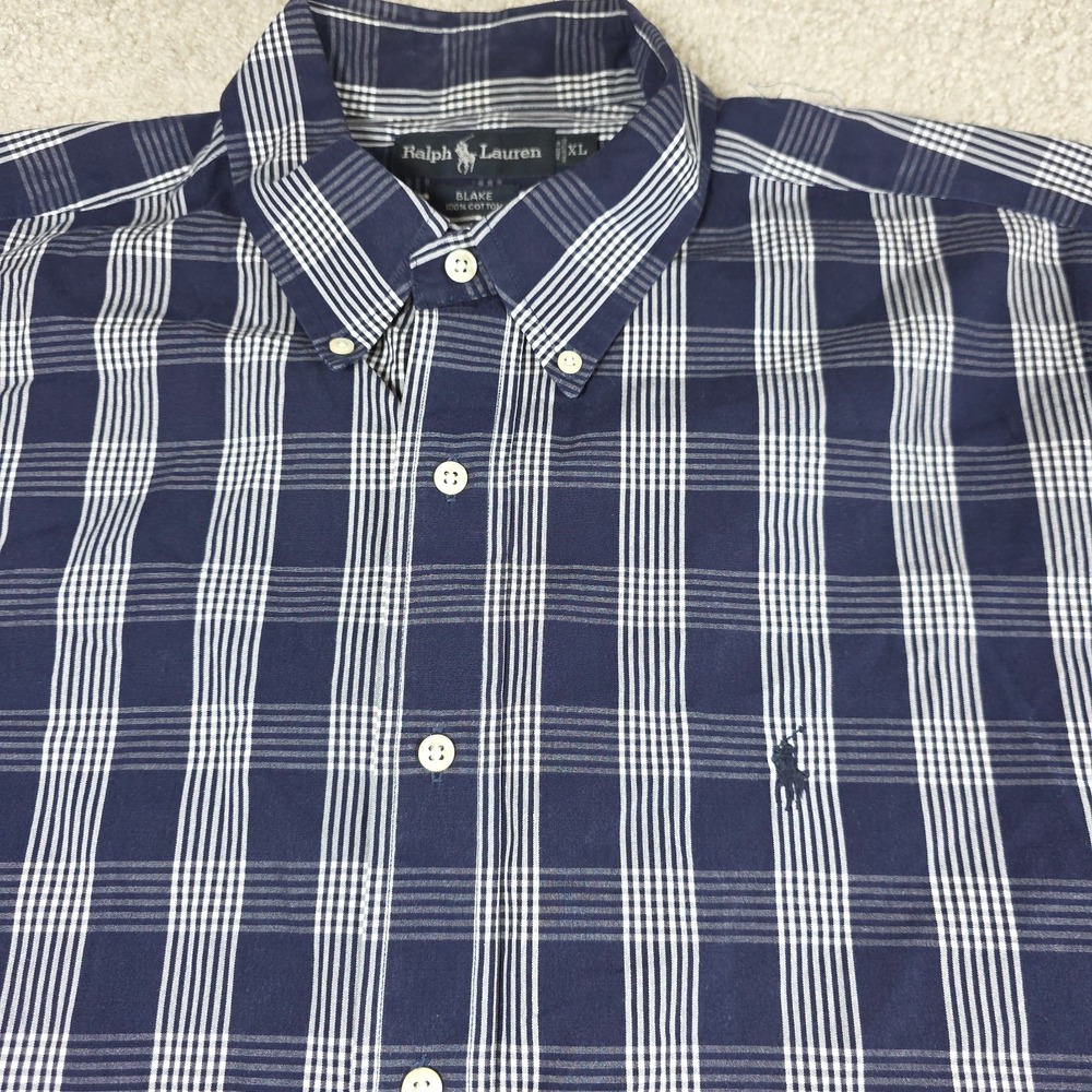 Ralph Lauren Blake Shirt Mens XL Blue White Cotton Plaid Long Sleeve Button Down